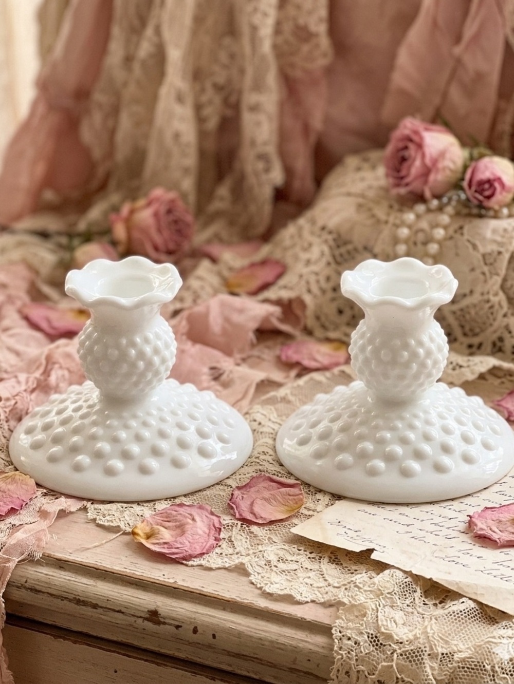 🌸 Vintage Hobnail Milk Glass by Fenton Glass Candlestick Pair